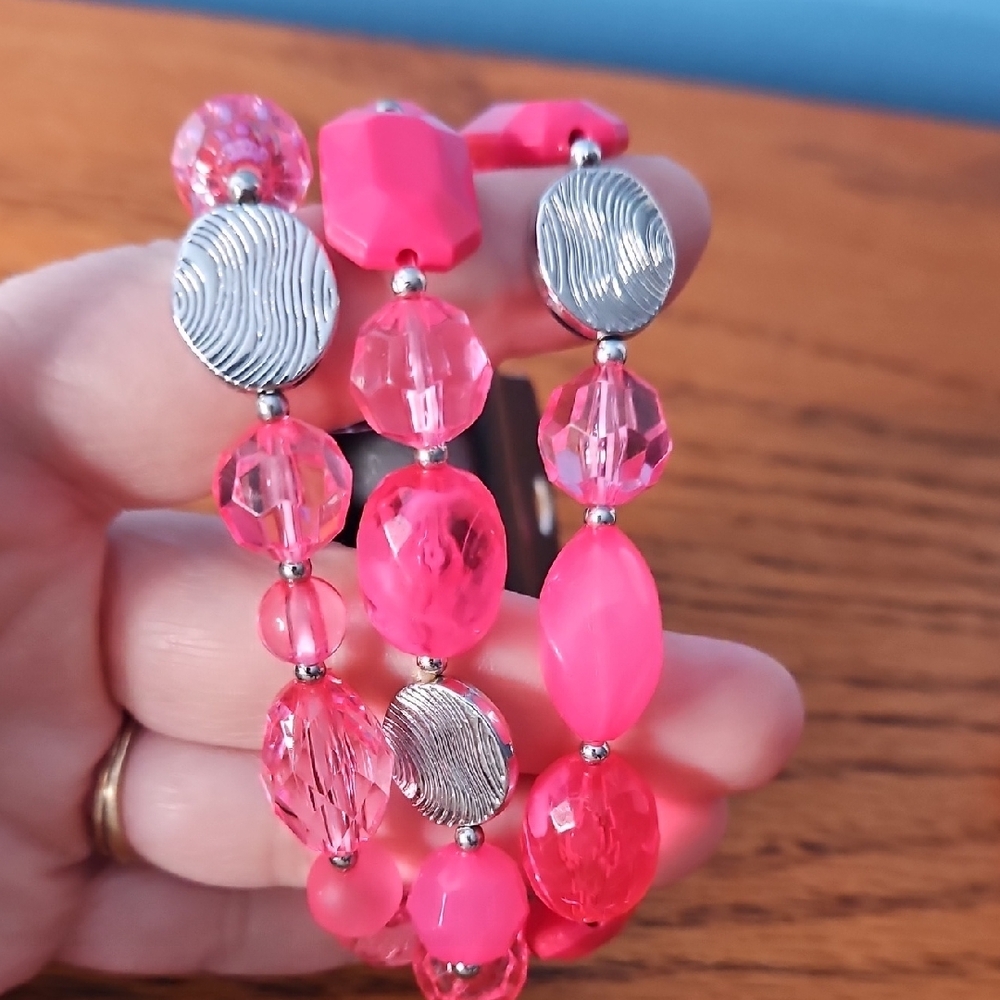 Paparazzi Vibrant Pink and Silver Bracelet Set Of 3 - Picture 3 of 5